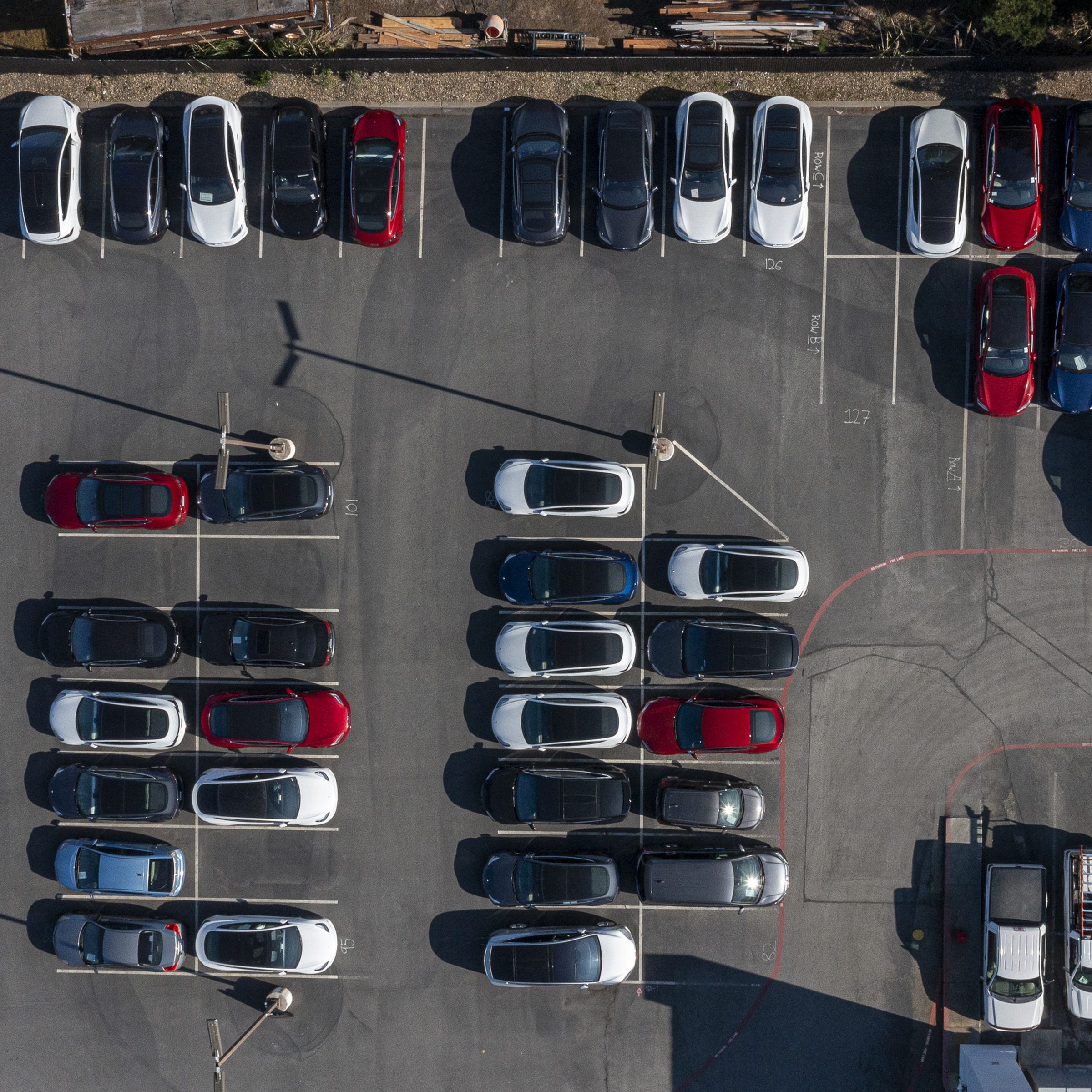 Tesla vehicles in a parking lot