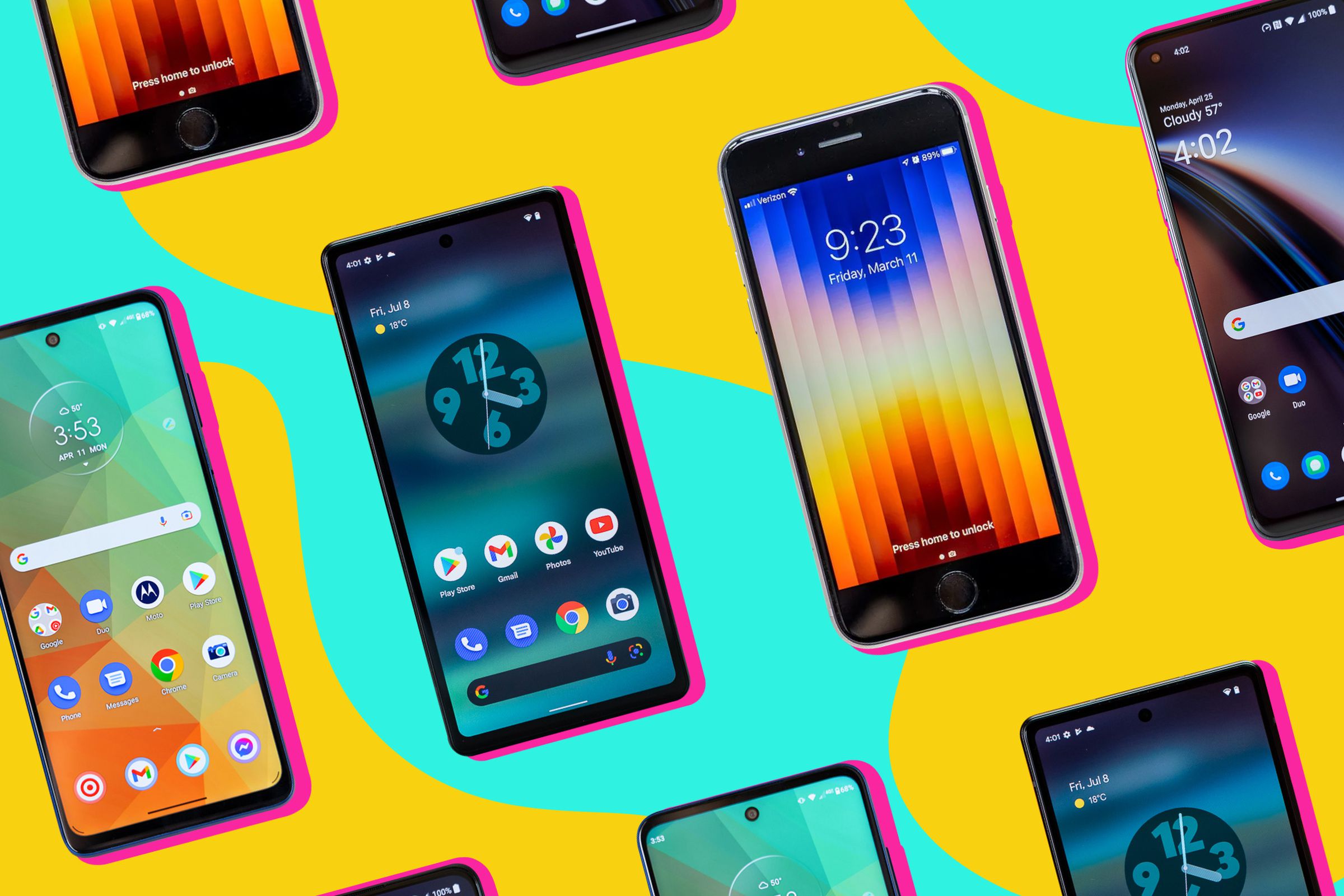 Phones from Google, Apple, and Samsung on a colorful illustrated background.