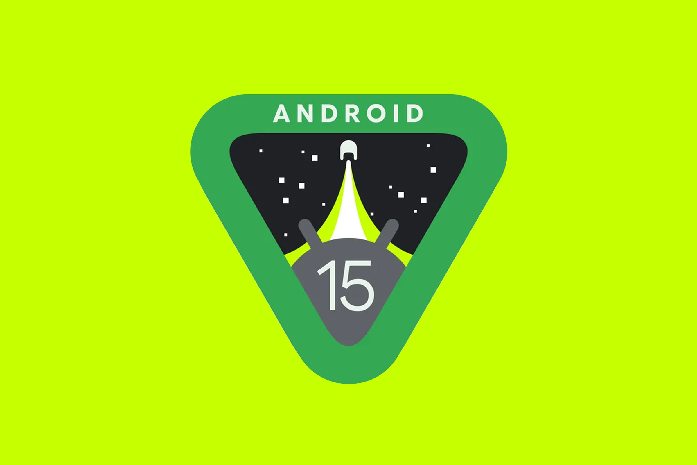 The Android 15 logo on a light green background.