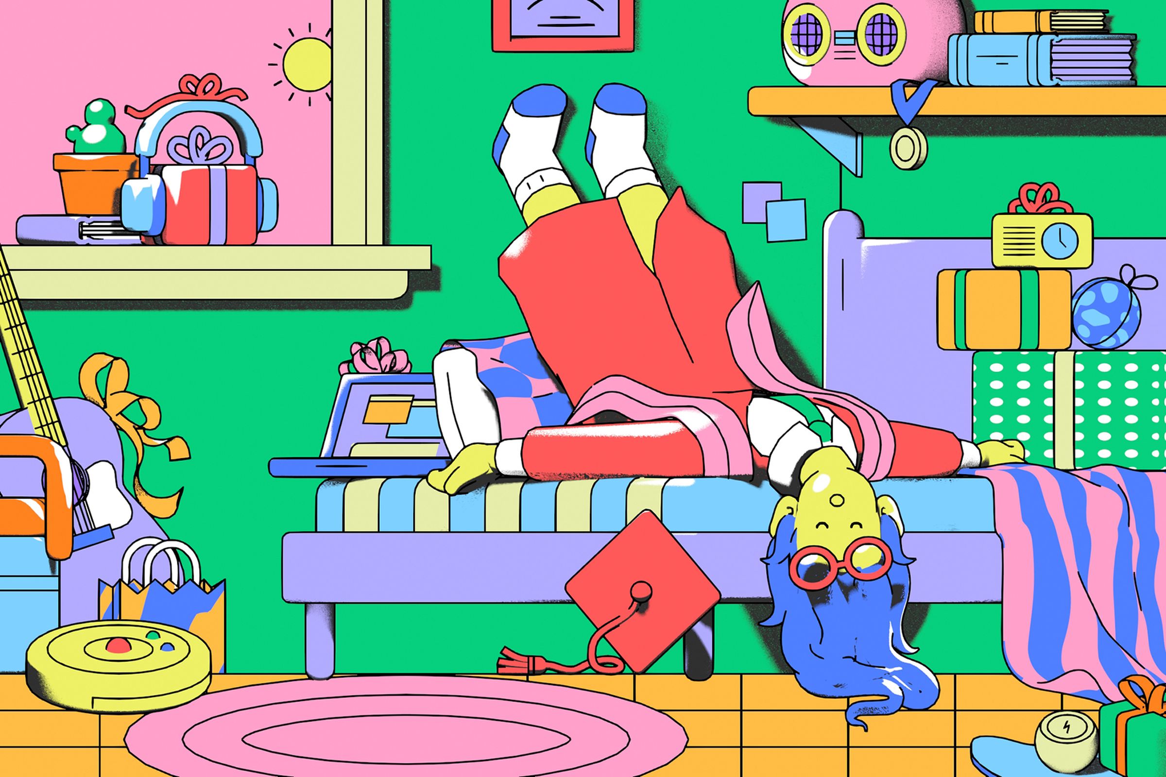 Animated illustration of a napping graduate catching up on sleep, surrounded by gifts.