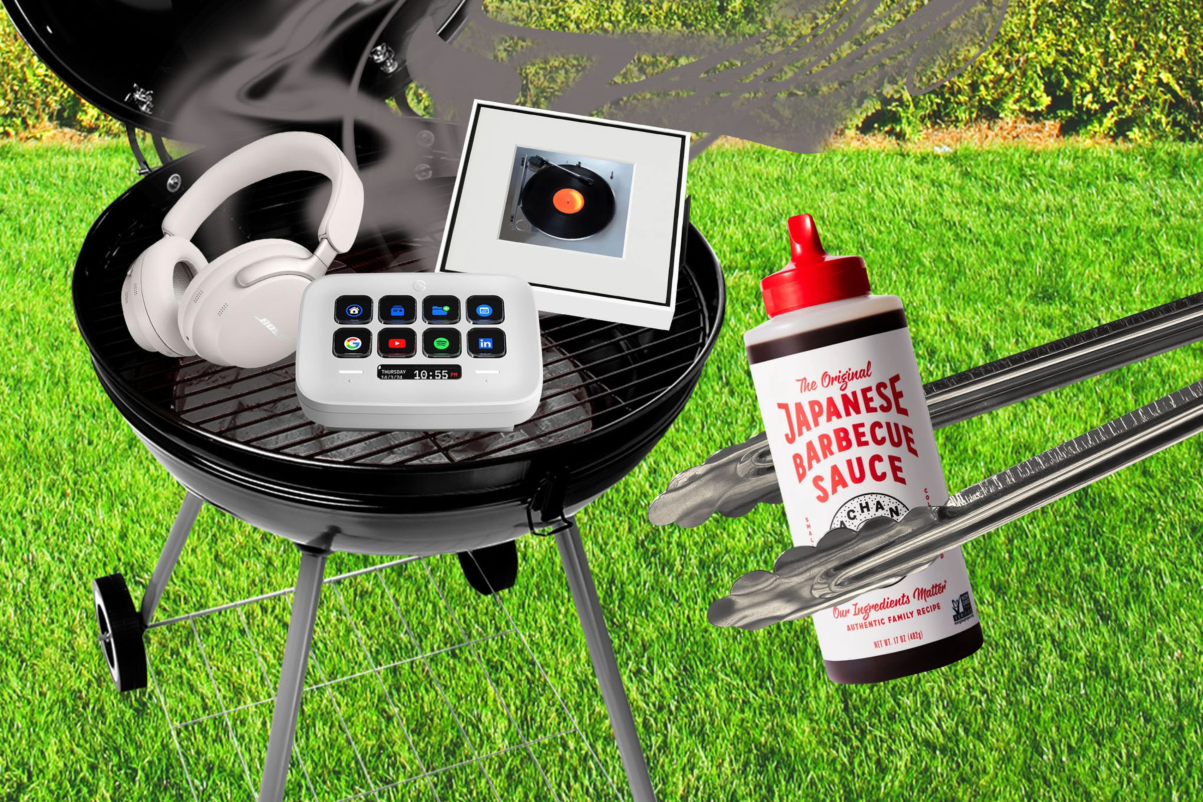 Photo collage illustration of various products sitting on a smoking BBQ grill.