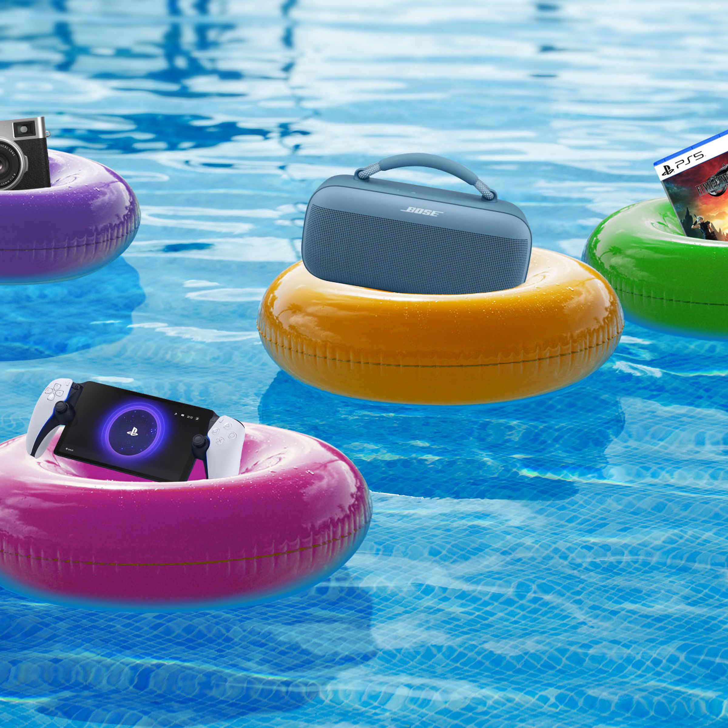 Photo collage illustration of various products floating on inner tubes in a pool.