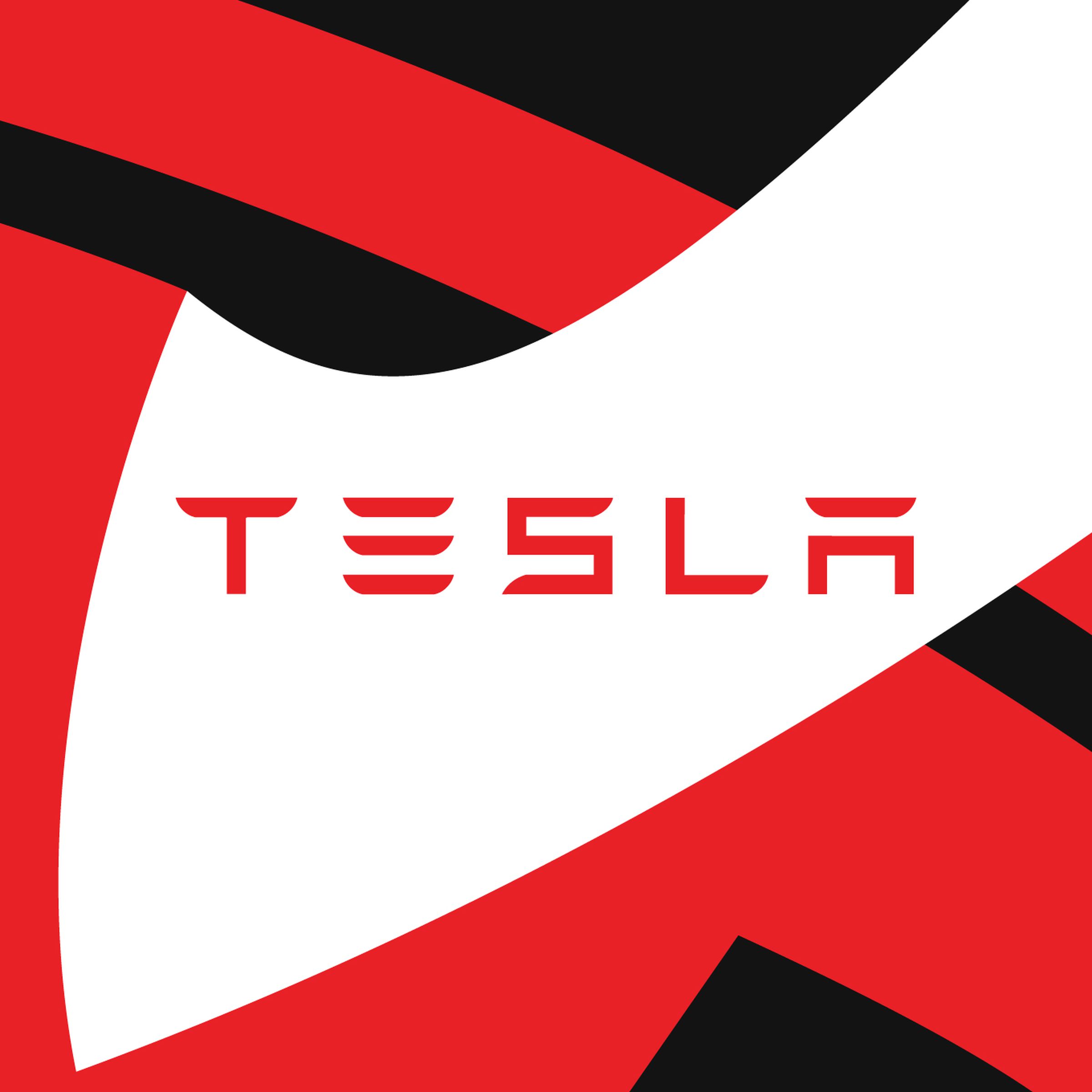 This is a stock image of the Tesla logo spelled out in red with a white shape forming around it and a tilted and zoomed red Tesla T logo behind it.