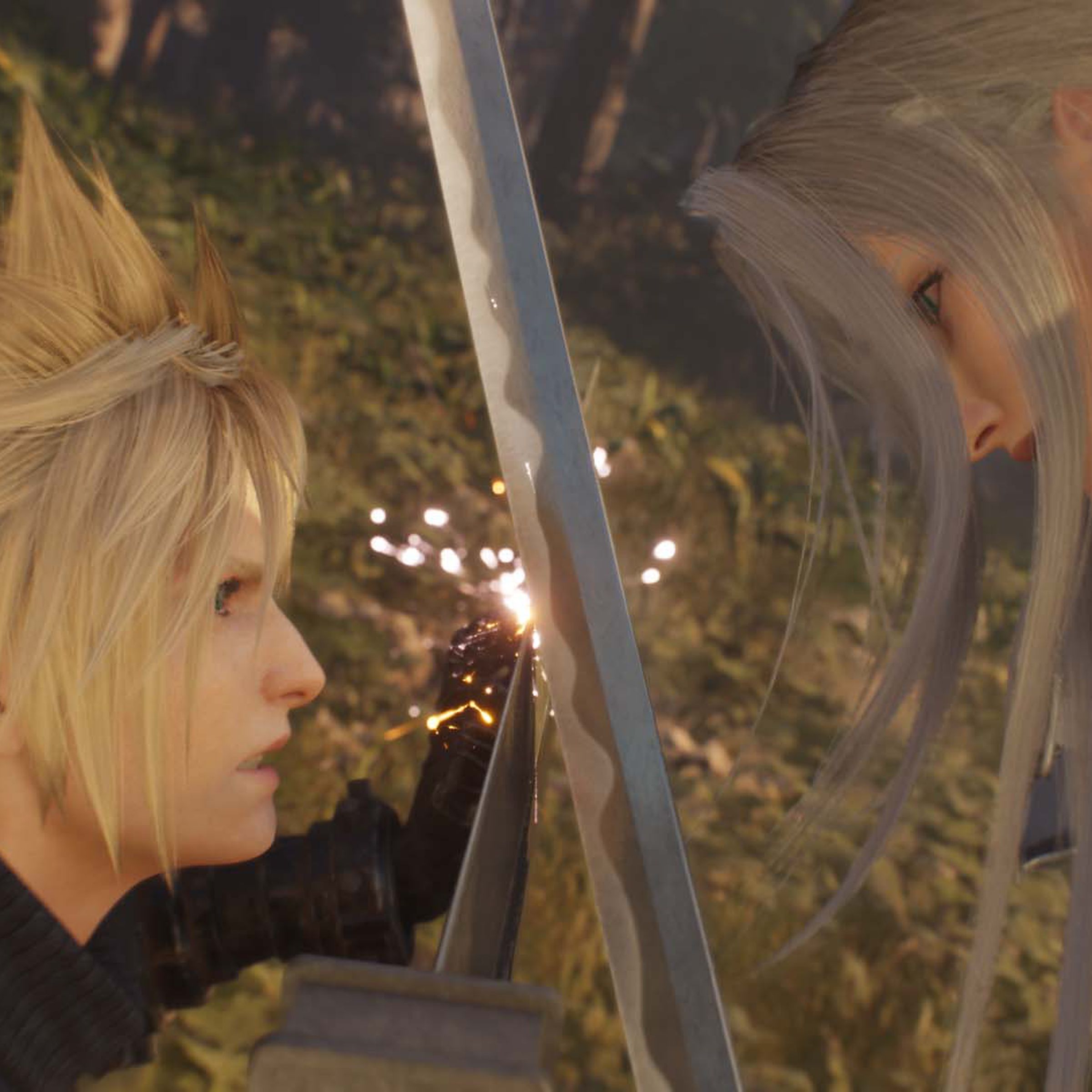 Screenshot from Final Fantasy VII Rebirth featuring a close-up of Cloud (left) and Sephiroth (right) clashing swords.