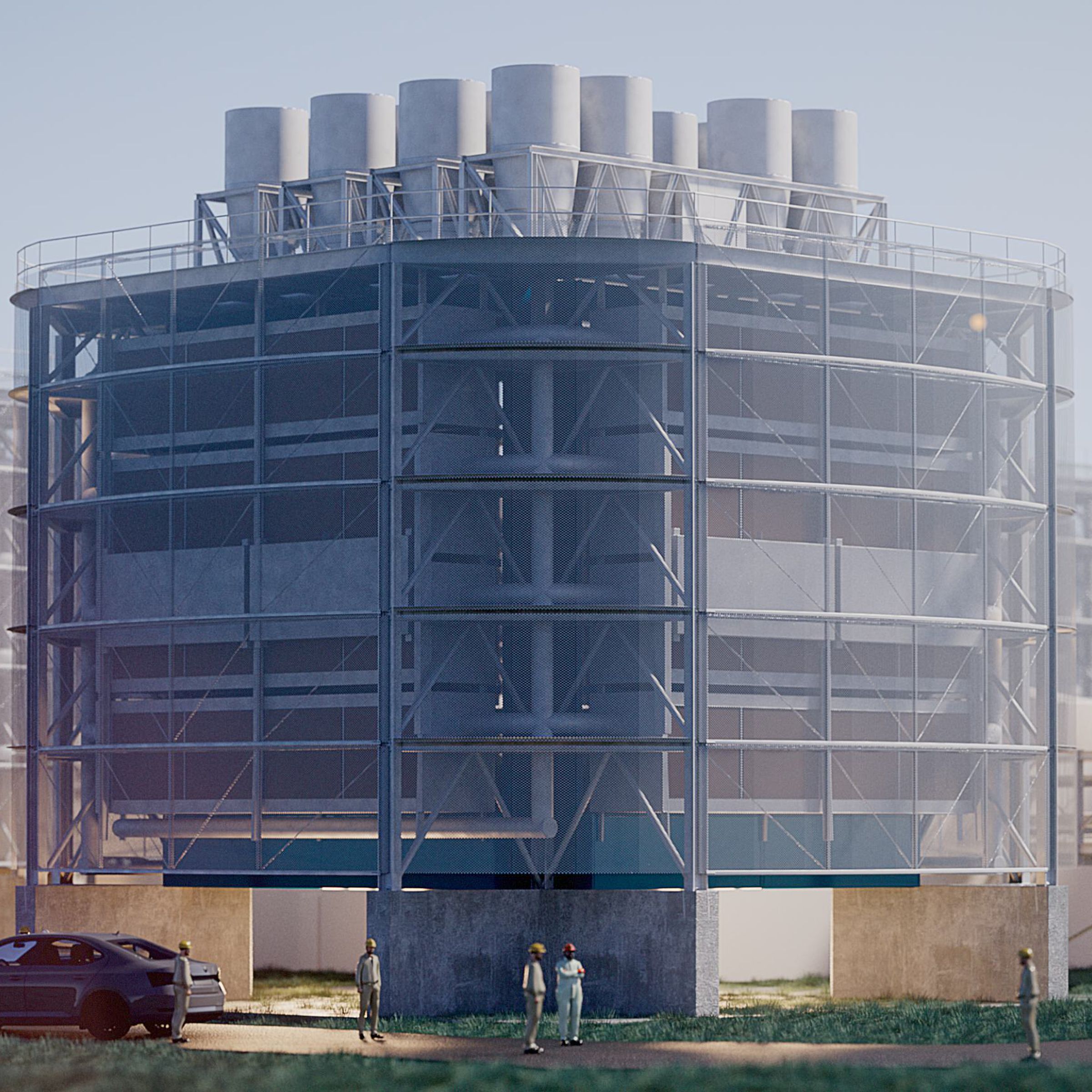 A rendering of a large cube-shaped industrial facility.