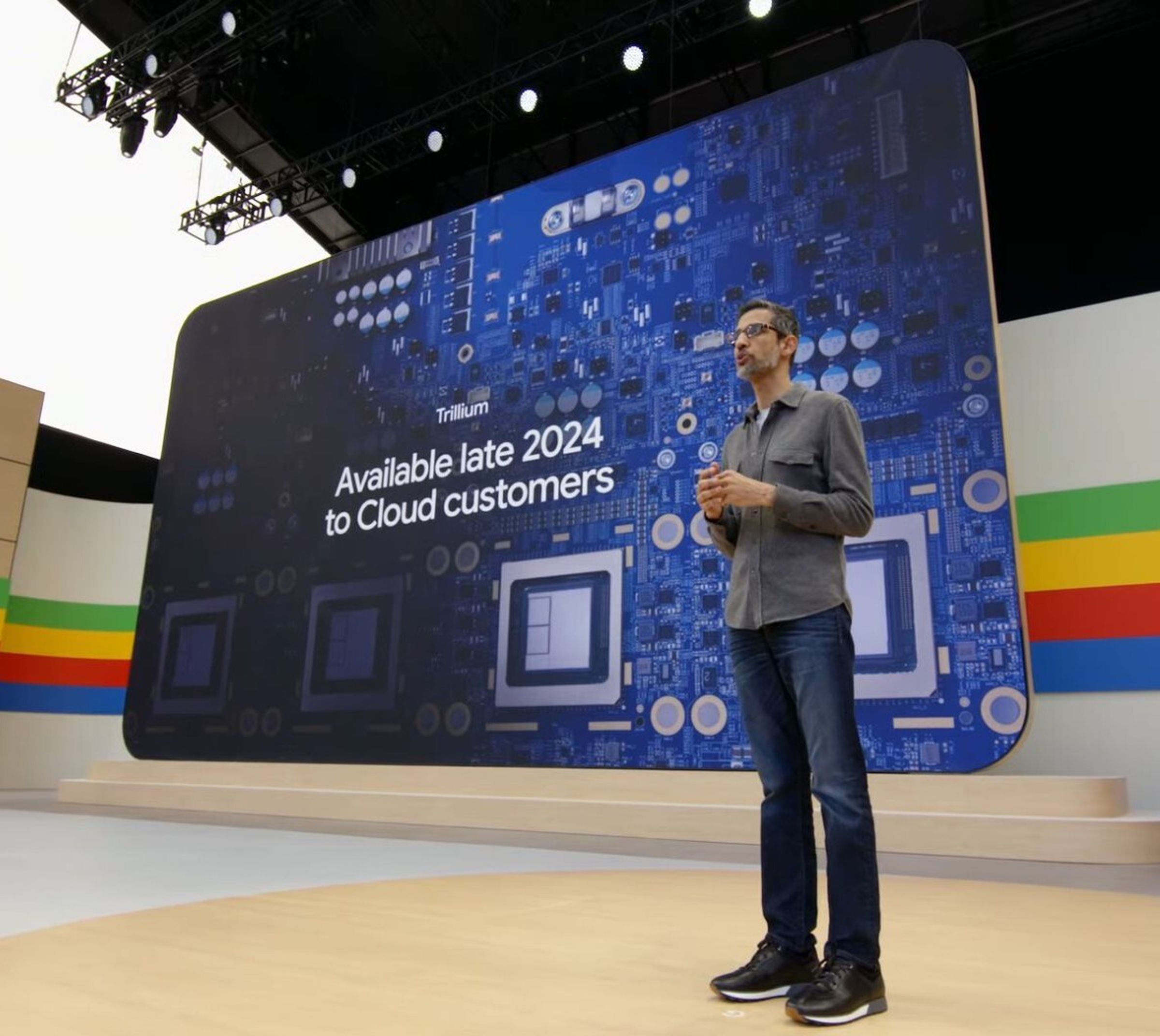 Sundar Pichai on stage at I/O.