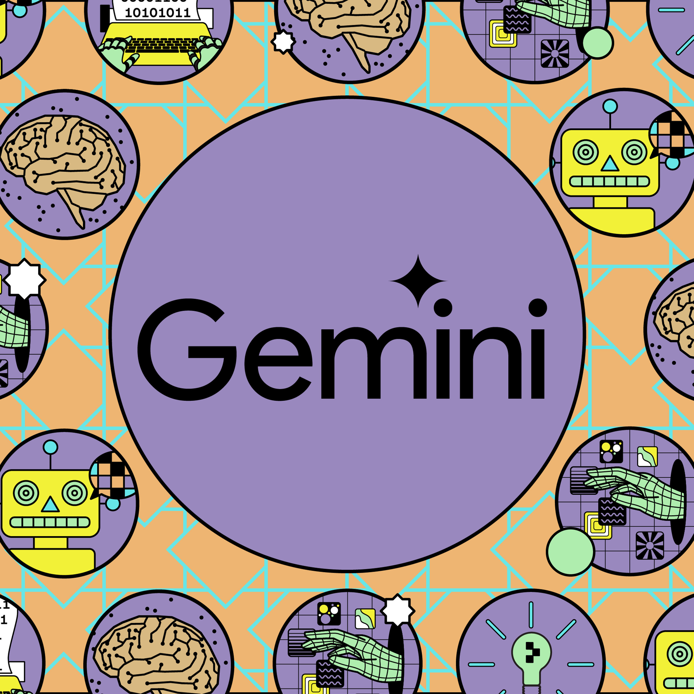 Vector illustration of the Google Gemini logo in front of various aspects of AI.