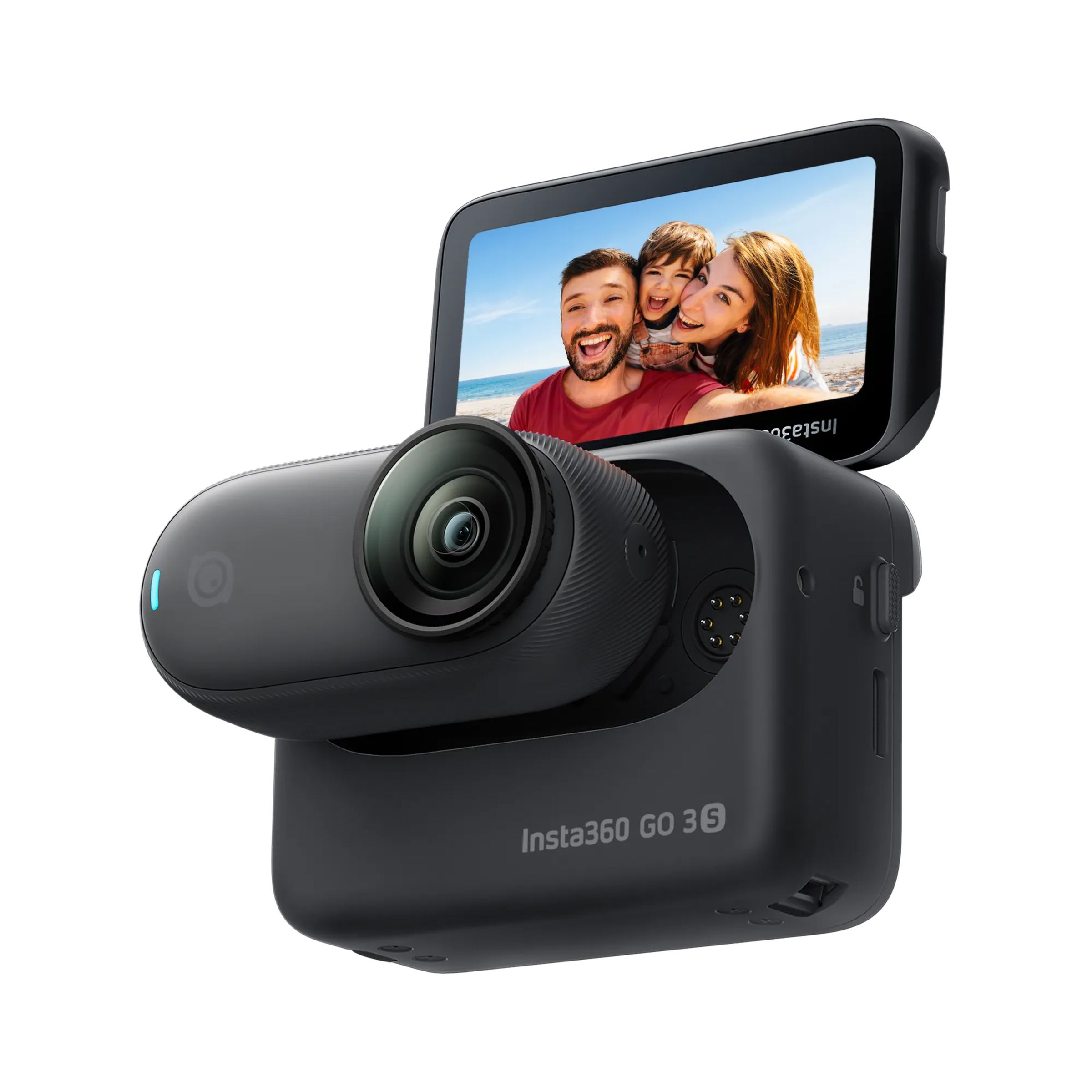 The Insta360 Go 3S camera and its screen case attachment.