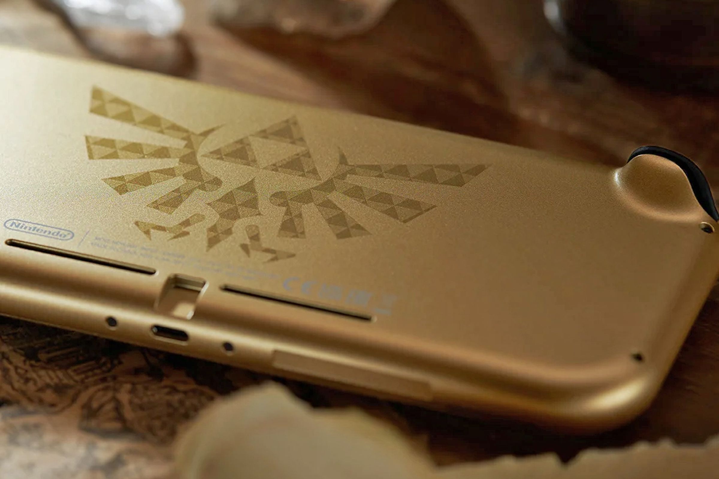 A look at the back of the gold Hyrule Edition Switch Lite console.