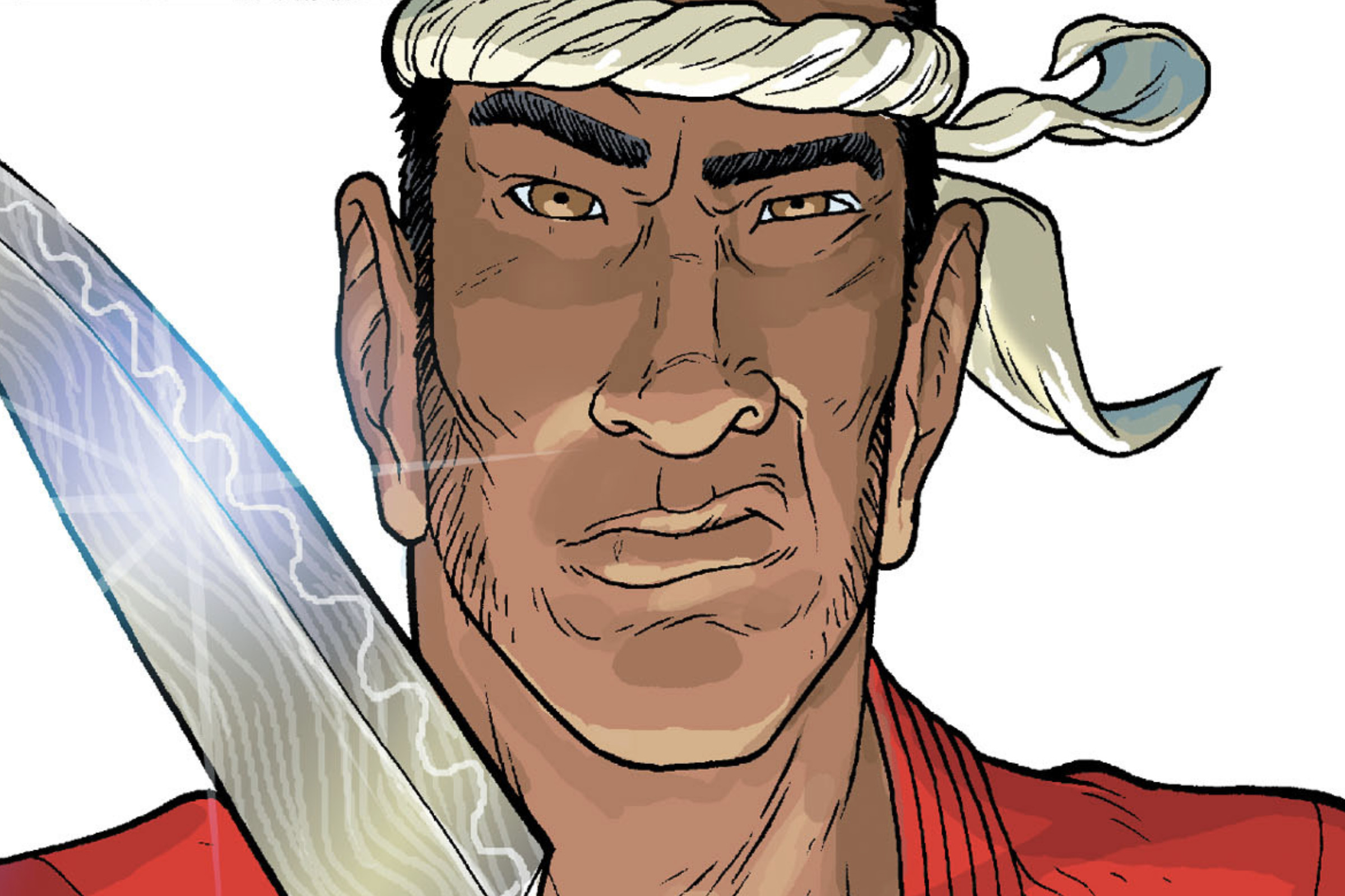 An illustration of a man wearing a white headband and a red shirt. The man’s holding up a large, gleaming sashimi knife.