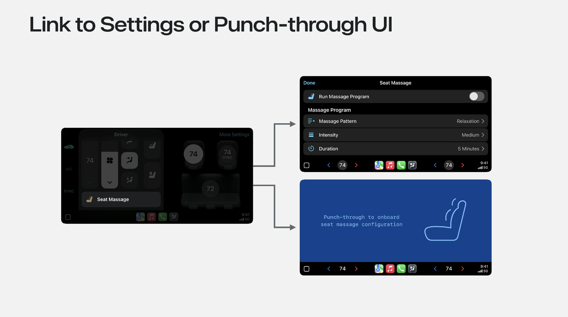 A screenshot showing massage seat controls in next-gen CarPlay sending users to either Apple-style controls or carmaker native controls.