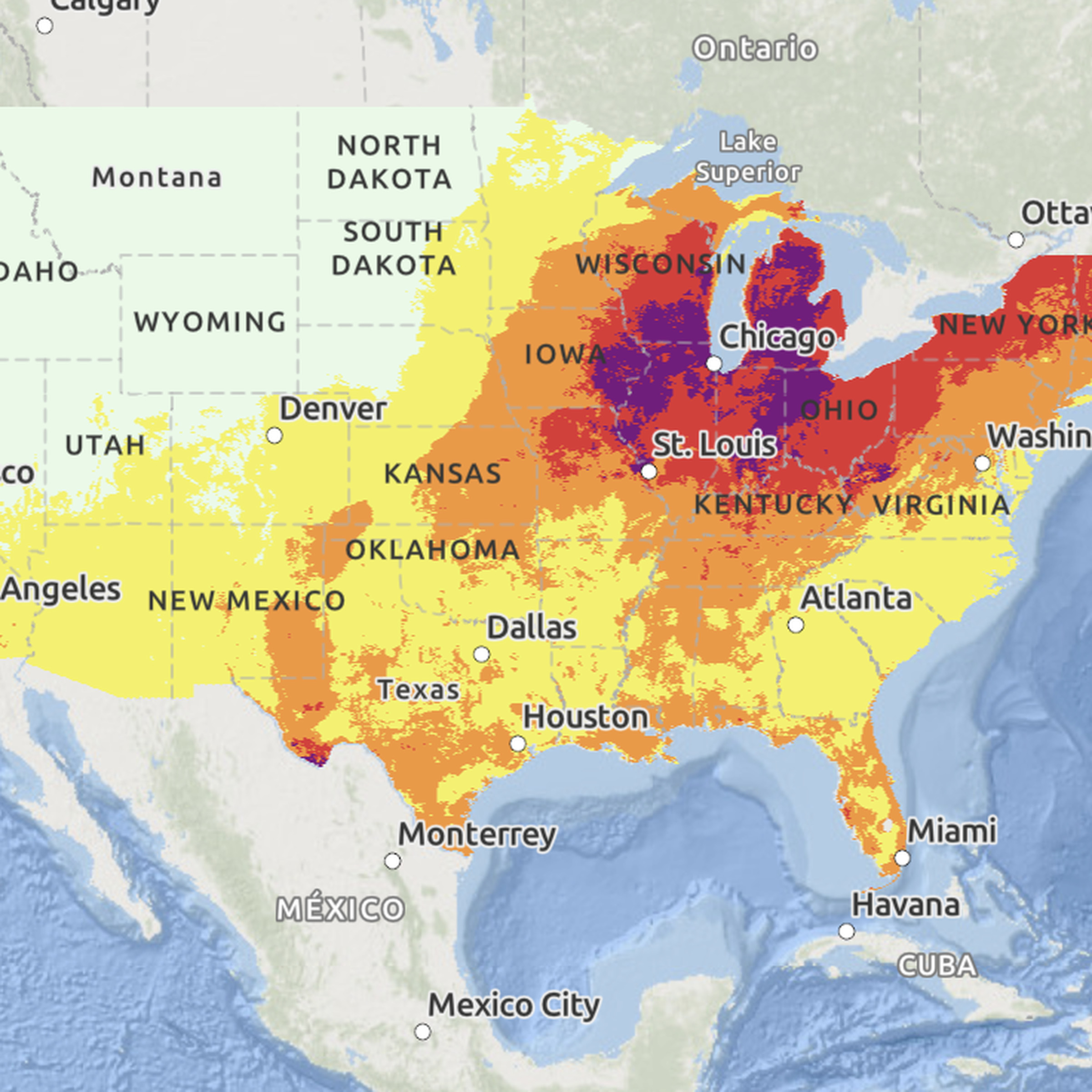 A map of the US colored in yellow, orange, red, and magenta to indicate areas facing health risks related to extreme heat.