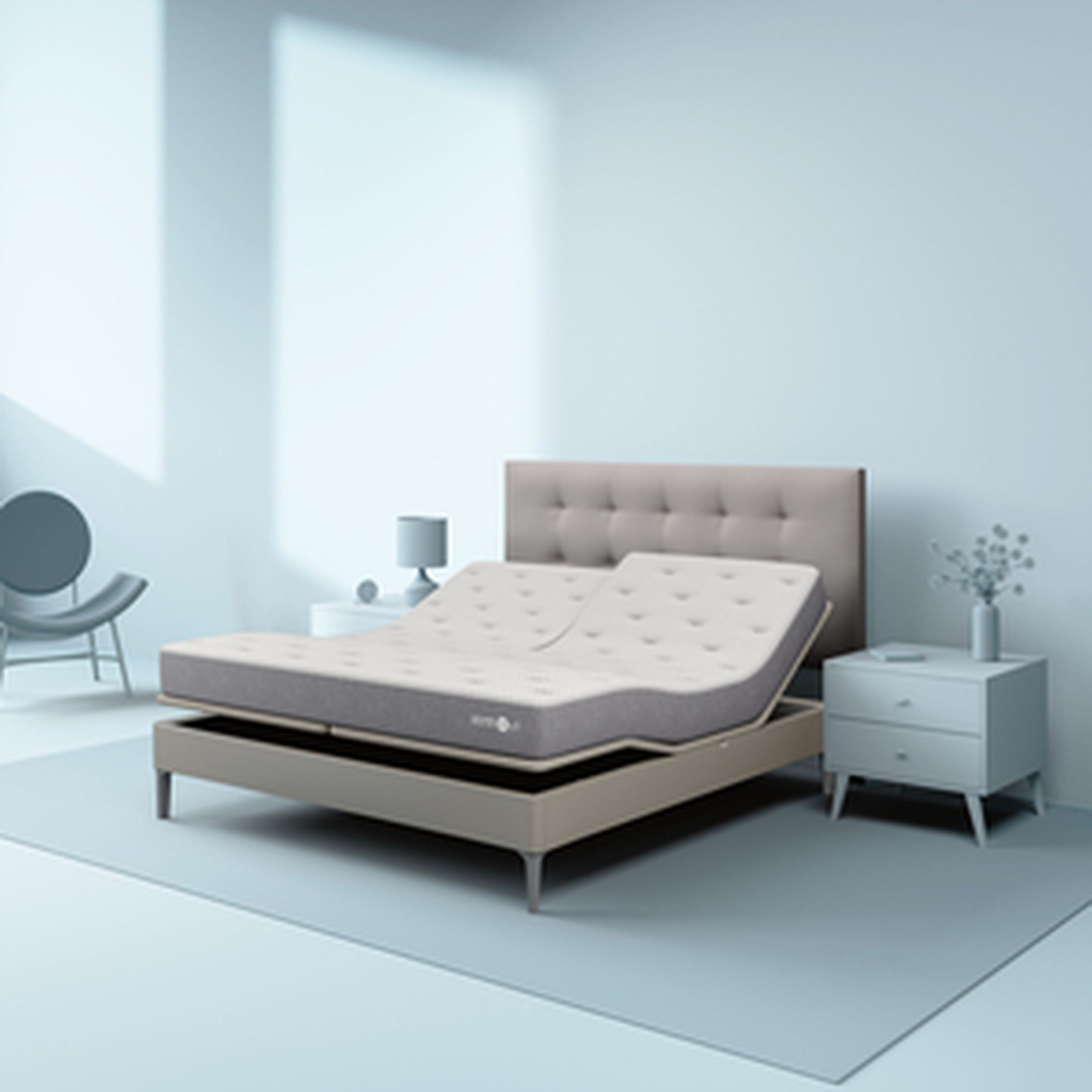 The beige Sleep Number c1 smart bed mattress in a bedroom.