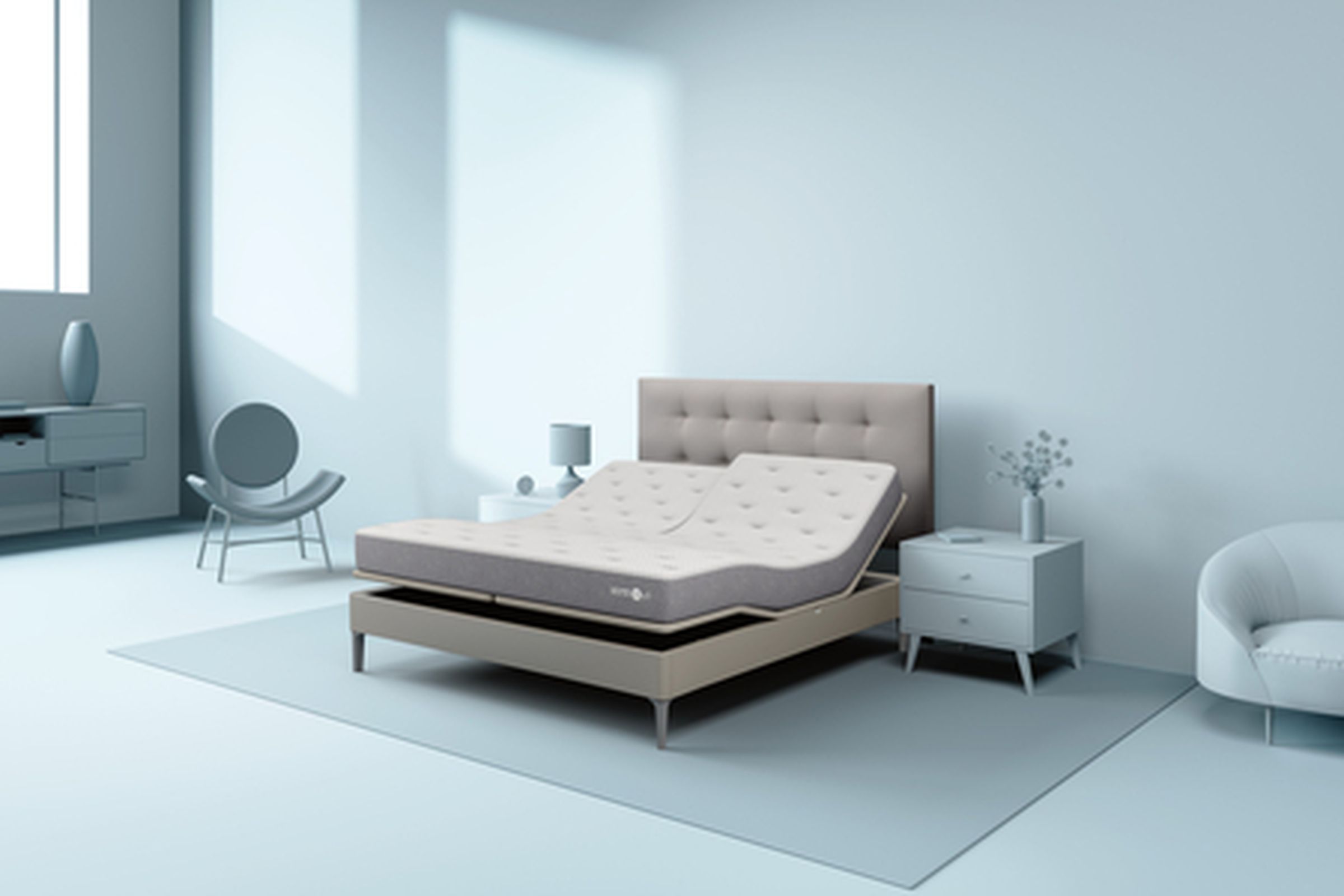 The beige Sleep Number c1 smart bed mattress in a bedroom.