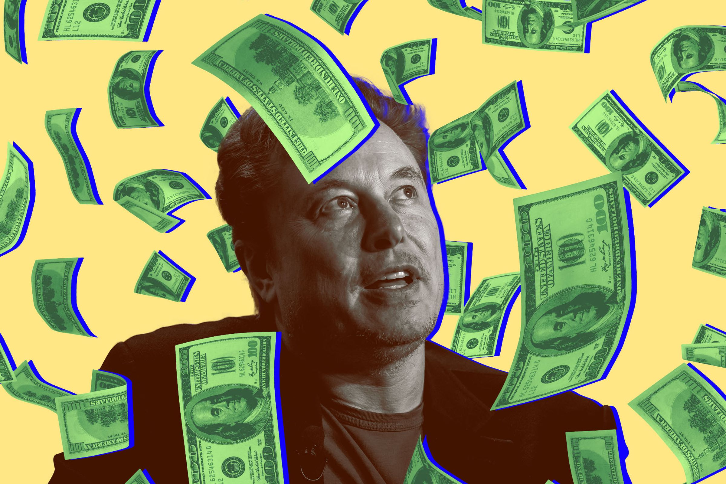 Photo illustration of Elon Musk surrounded by raining dollar bills.