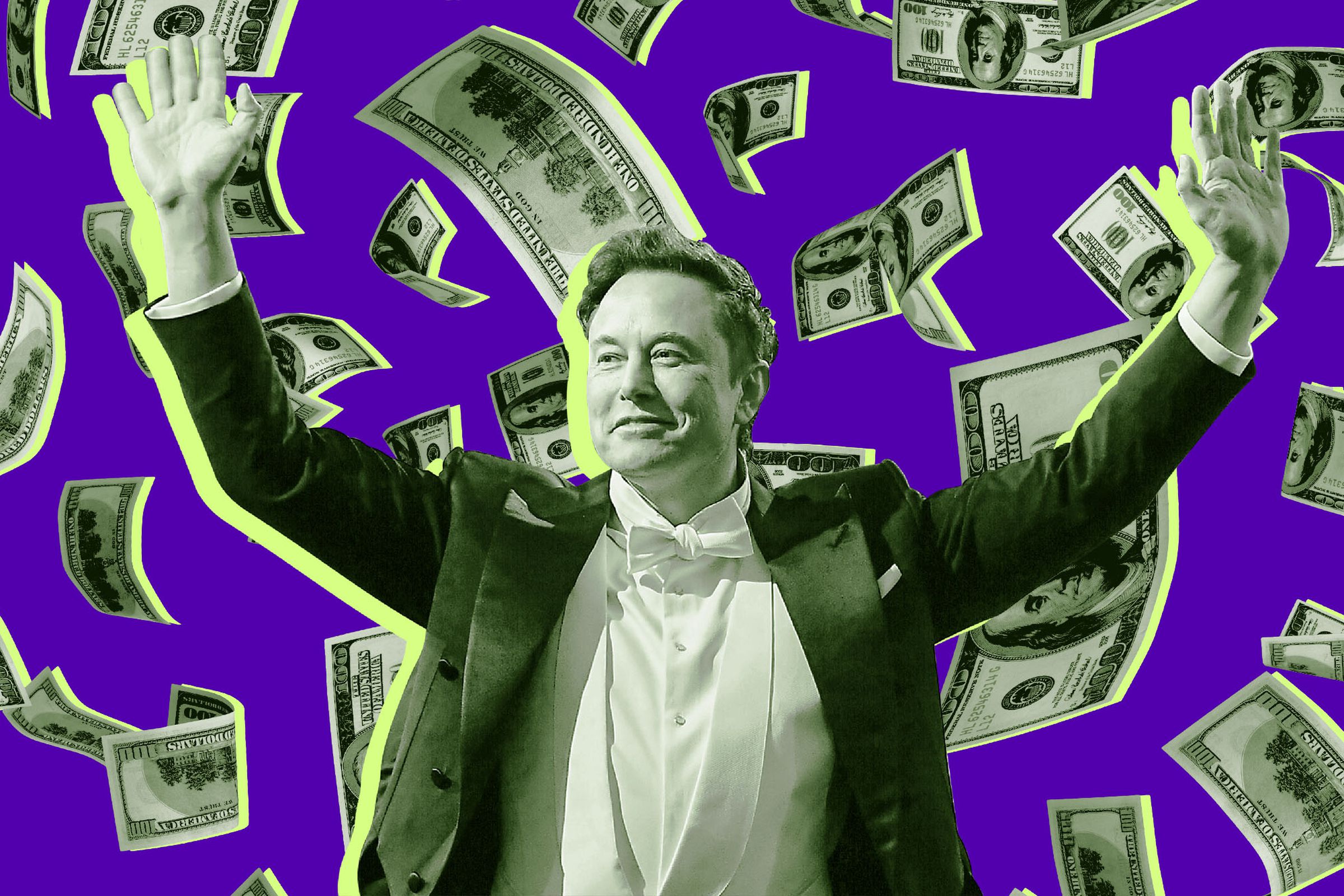 Photo illustration of Elon Musk surrounded by raining dollar bills.