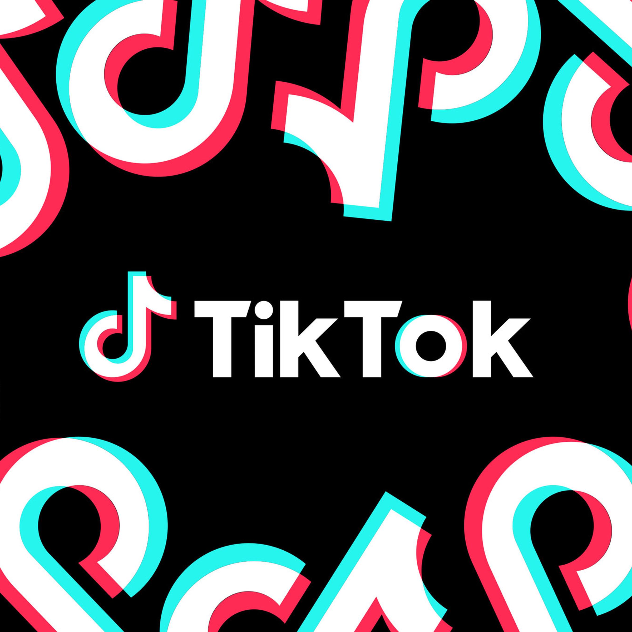 The TikTok logo on a black background with repeating music note motifs