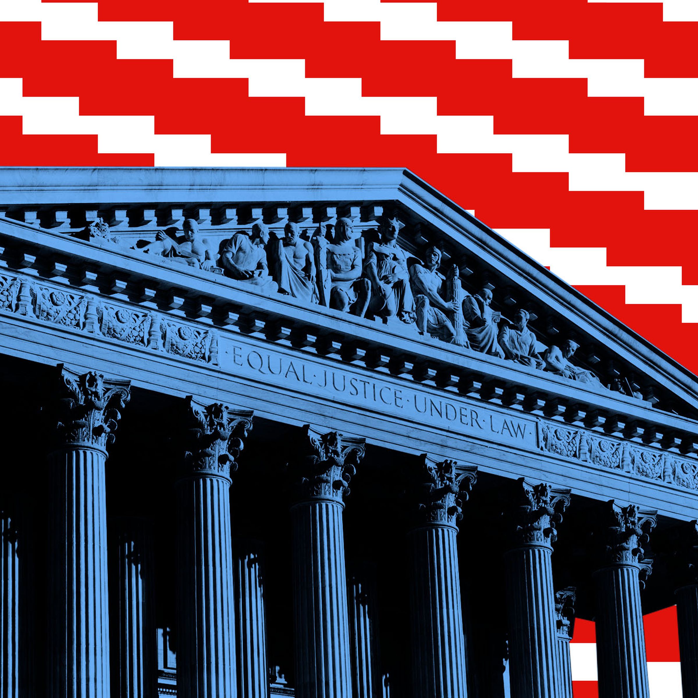 Photo illustration of the Supreme Court building with pixelated red and white stripes.