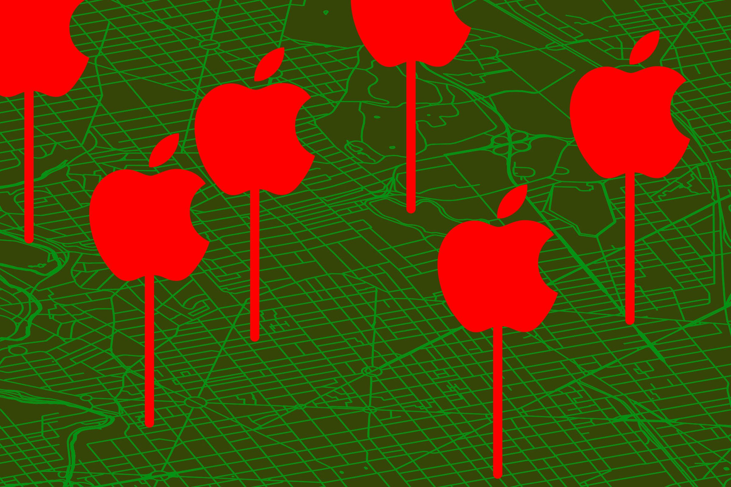 Illustration of various Apple pins dropped on a map.