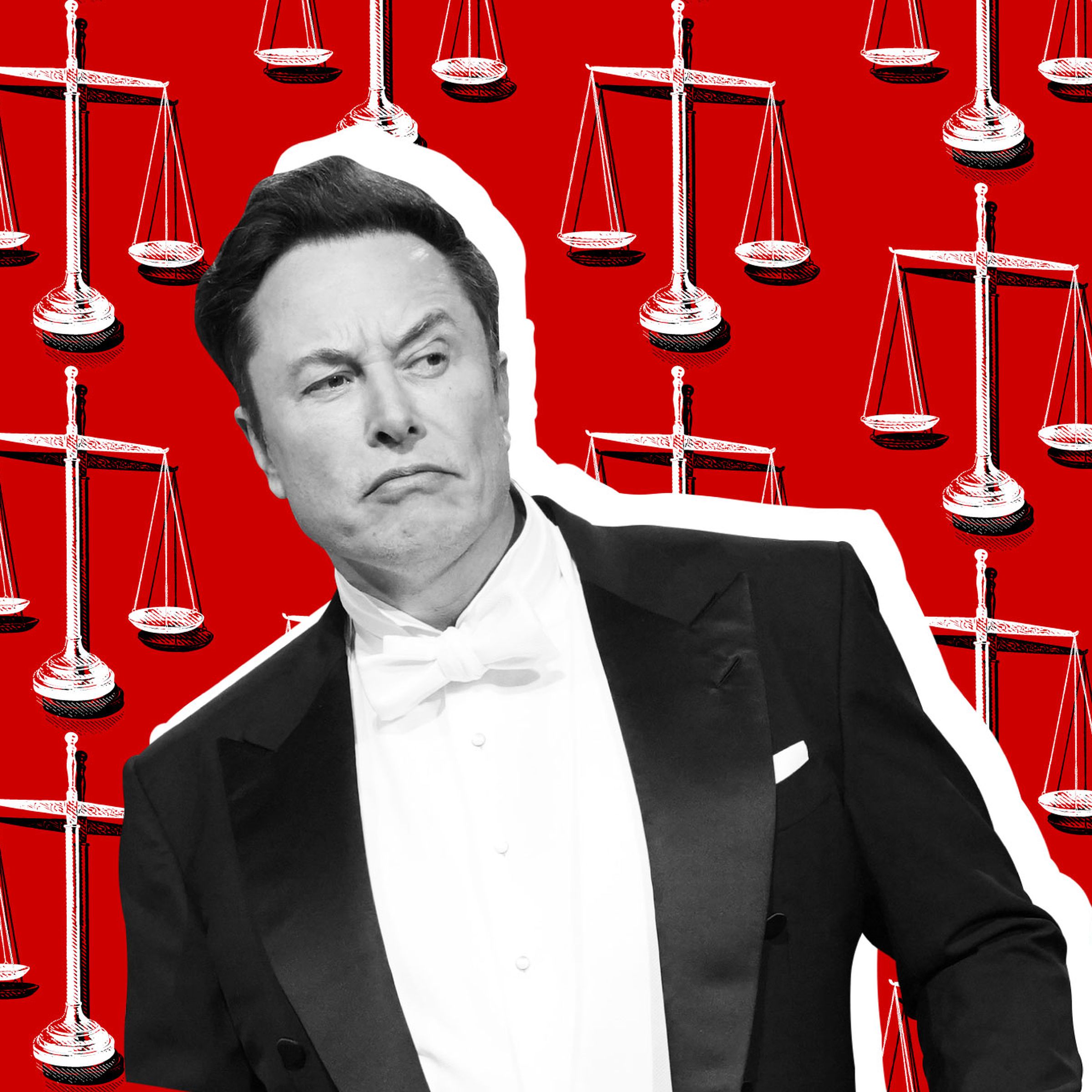 An image of Elon Musk in a tuxedo making an odd face. The background is red with weight scales on it.