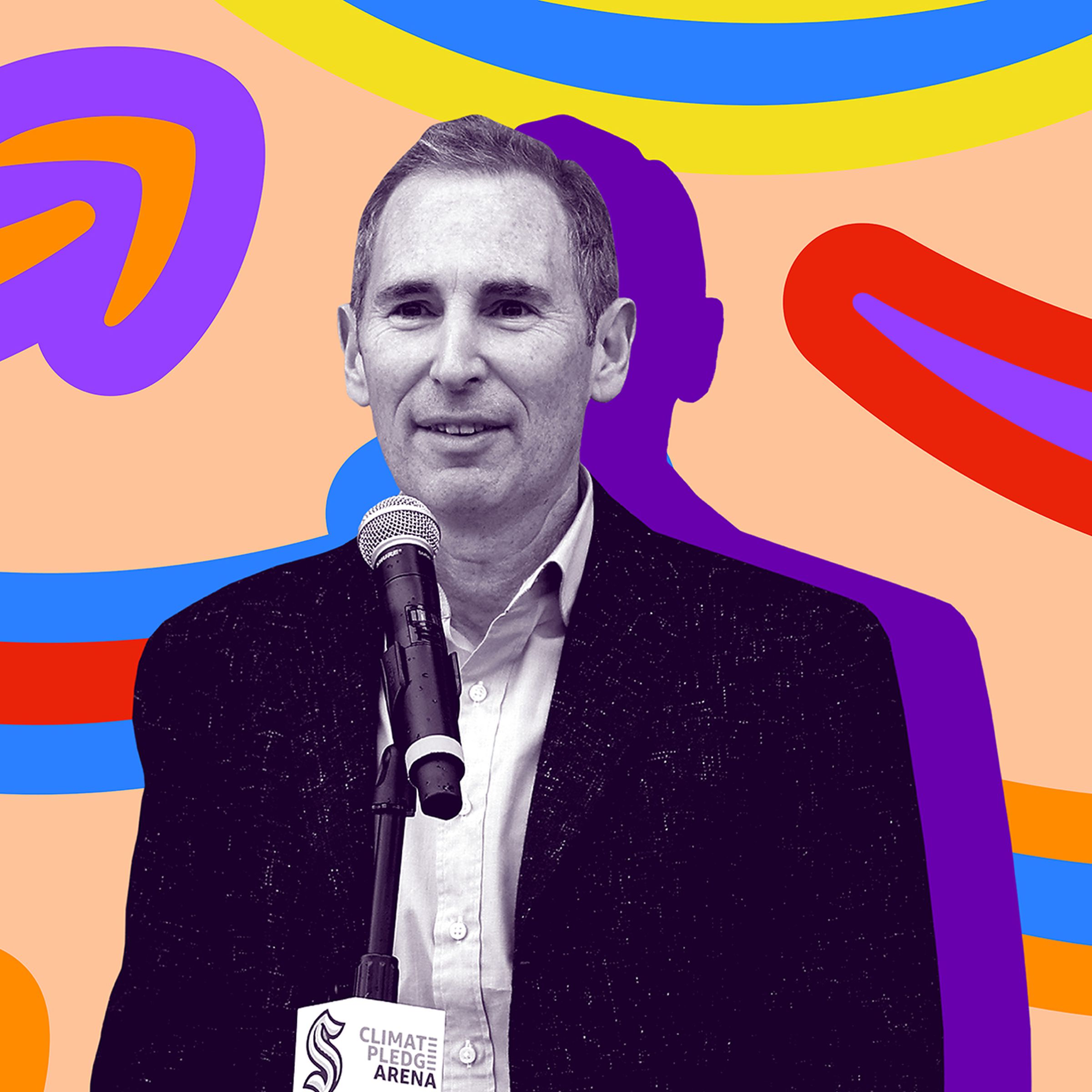 An image showing Amazon CEO Andy Jassy on a colorful background