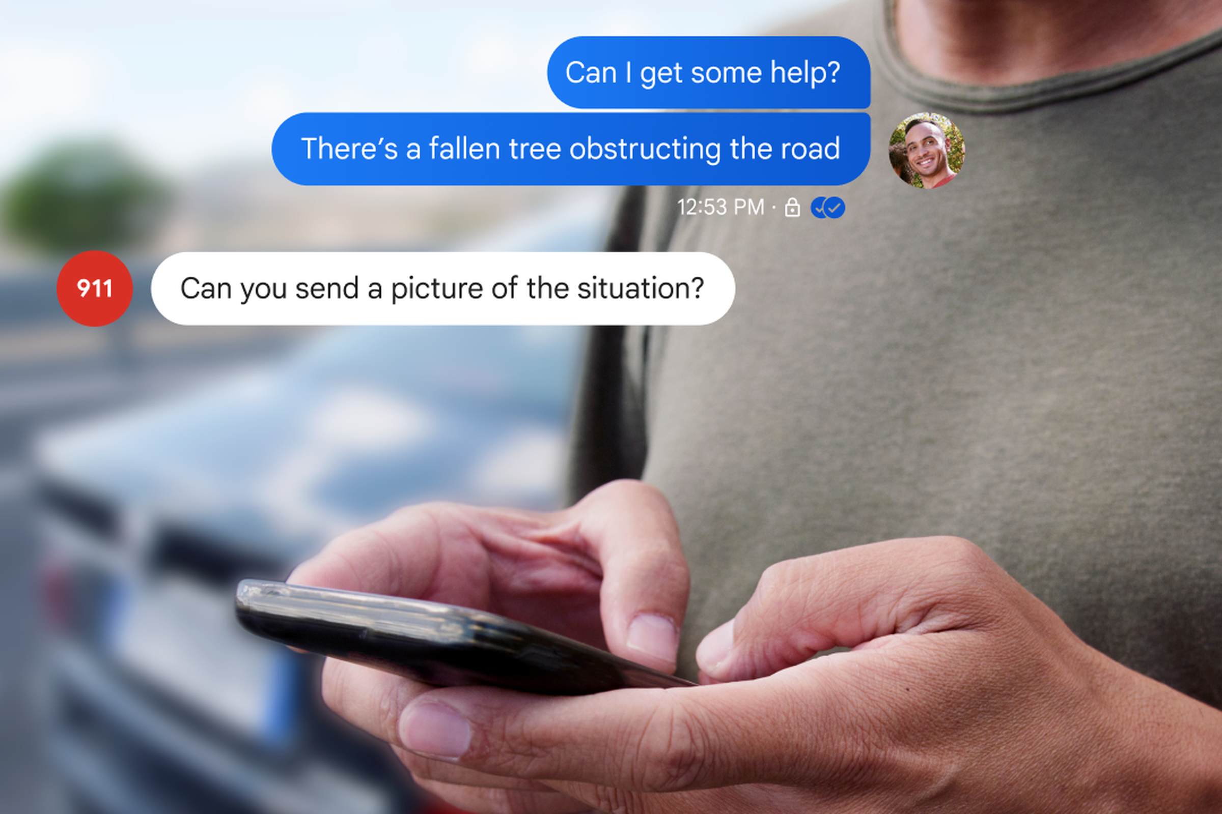 Image showing texts with 911 overlaid on a picture of someone standing by a car.